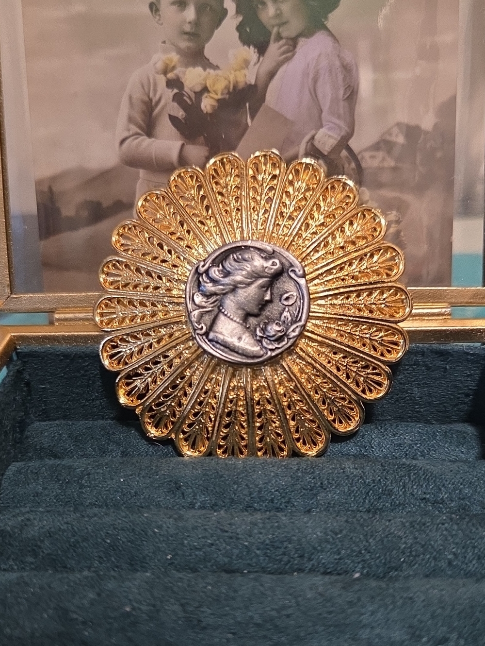 Signed Celebrity NYC- Gold Filigree Medallion Brooch with Silver Cameo